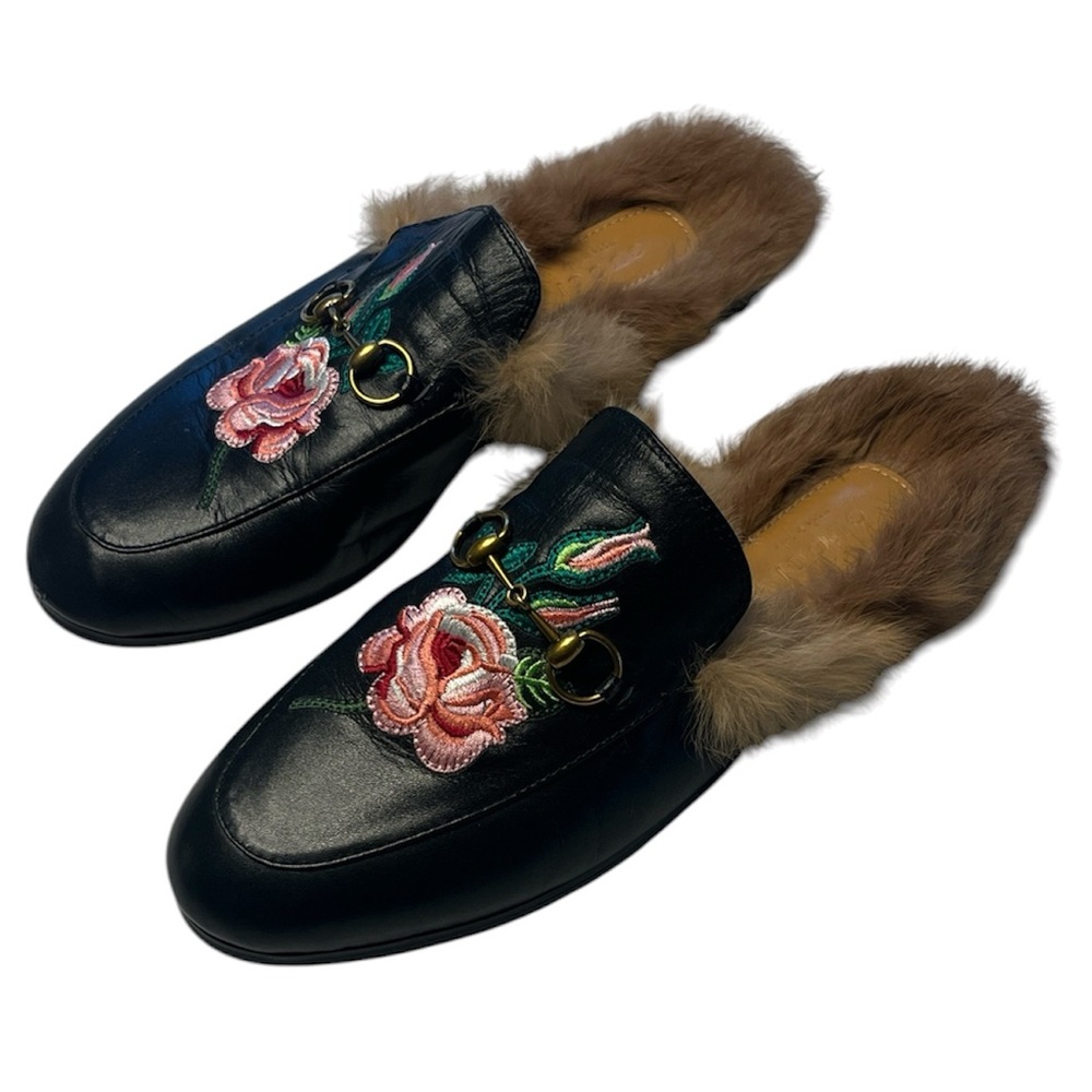 Gucci Black Princetown Embroidered Fur-Lined Mule shoe slipper leather clog